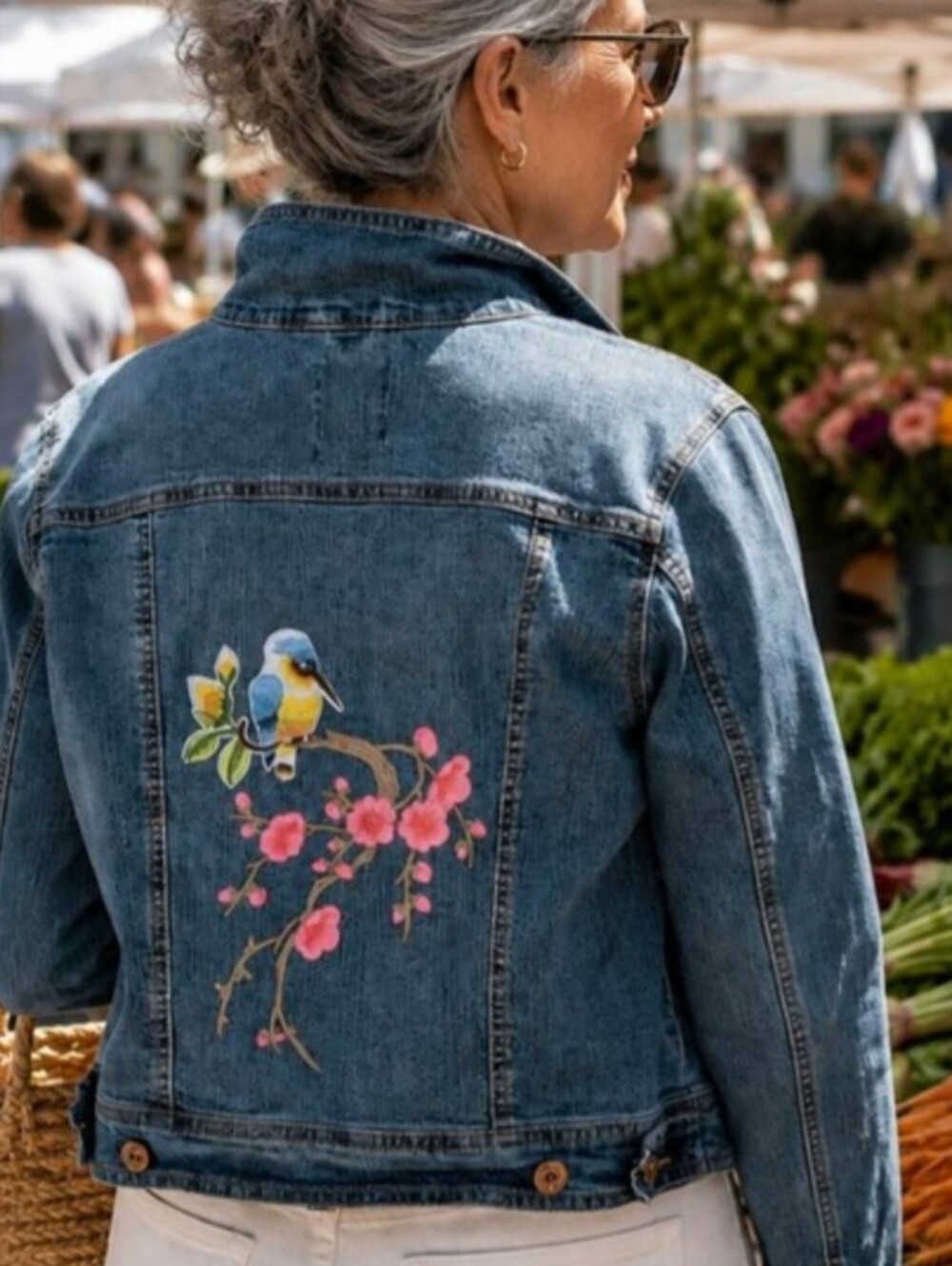 Upcycled 'Bird & Blossom' Denim Jacket | Love Tree | Large | Garden Core